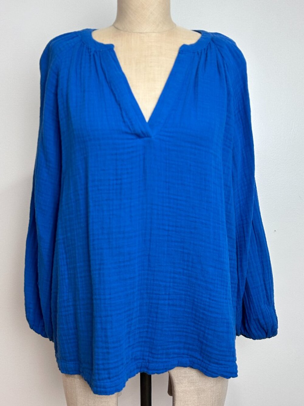 Old Navy Split Neck Blouse Women's Large Batik Blue Cotton Peasant Boho Top